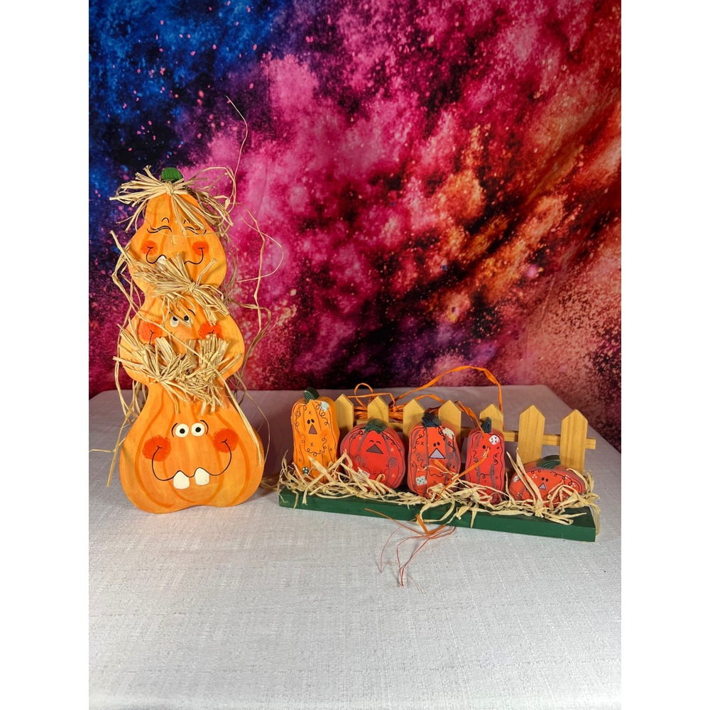 Vintage Hand Painted Wooden Pumpkin Decor Set Stacked Pumpkins & Fence Display